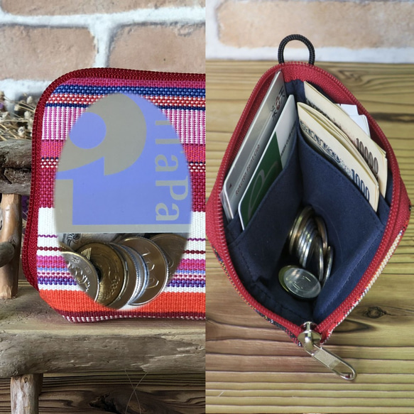 【薄い財布】倉敷帆布　カード・お札・小銭一括収納　二つ折り財布 ワイン縞　赤ファスナー 2枚目の画像