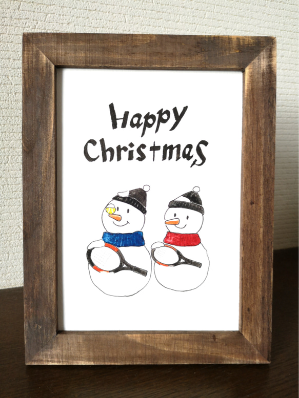 イラストフレーム2L 原画 スノーマン「冬もテニス！」水彩手描き