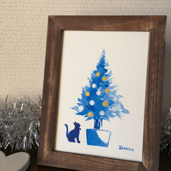 水彩原画「ツリーとネコ」オリジナルアート　イラストフレーム2Ｌ　クリスマスプレゼントに！ 2枚目の画像