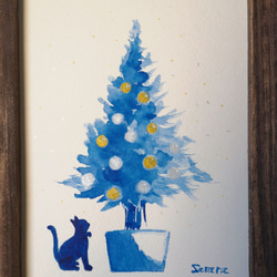水彩原画「ツリーとネコ」オリジナルアート　イラストフレーム2Ｌ　クリスマスプレゼントに！ 1枚目の画像