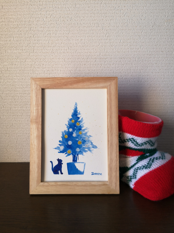 水彩原画「ツリーとネコ」オリジナルアート　イラストフレーム2Ｌ　クリスマスプレゼントに！ 3枚目の画像