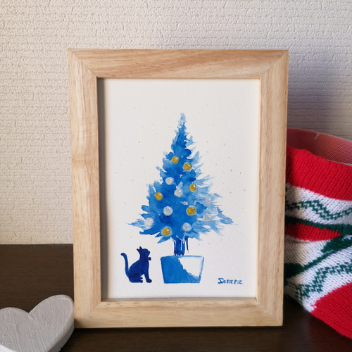 水彩原画「ツリーとネコ」オリジナルアート イラストフレーム2L