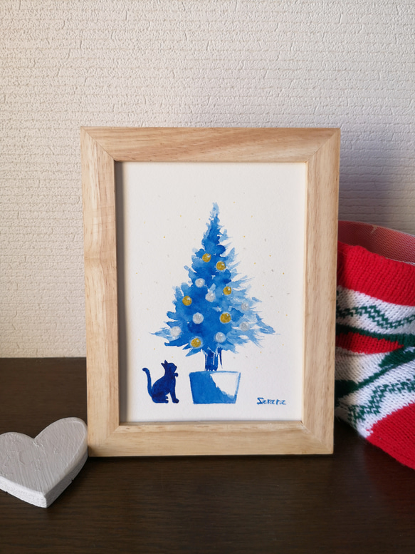 水彩原画「ツリーとネコ」オリジナルアート　イラストフレーム2Ｌ　クリスマスプレゼントに！ 9枚目の画像