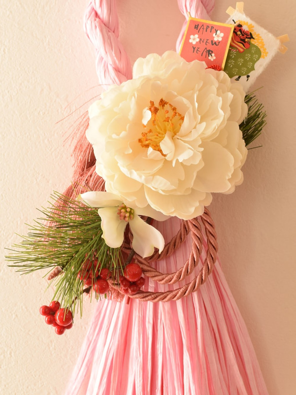 White peony～Pink tassel＜お正月飾り1507＞ 3枚目の画像