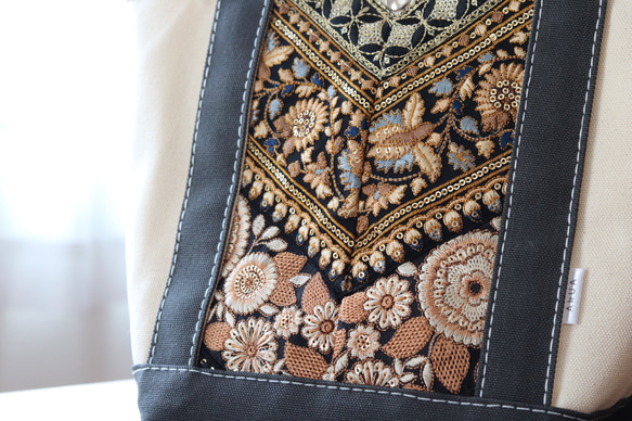 Embroidery decoration totebag Msize キナリ×ダークブラウン 3枚目の画像
