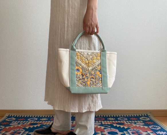 Embroidery decoration totebag Msize キナリ×アースグリーン 8枚目の画像