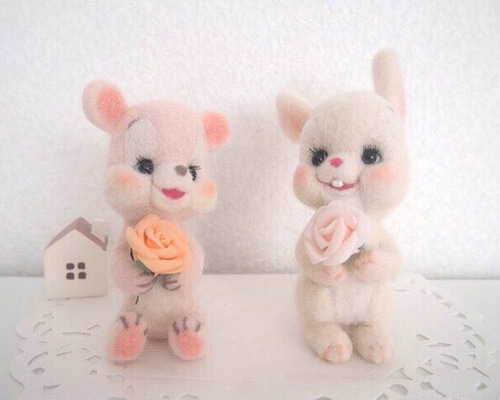 ✿羊毛フェルト✿くまさんとうさぎさんのHappy Wedding♡✿ハート✿ ✿羊毛フェルト✿くまさんとうさぎさんのHappy Wedding♡✿ハート✿