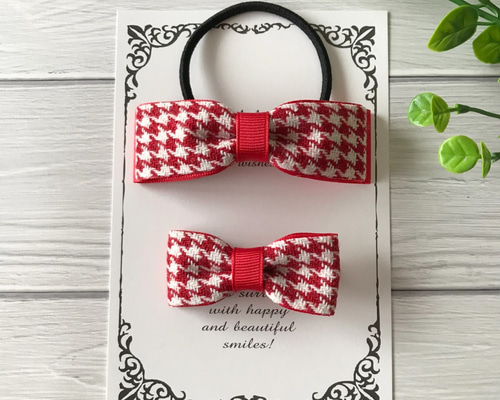 千鳥格子柄リボンの親子お揃いヘアアクセサリーセットB赤☆ヘアゴム
