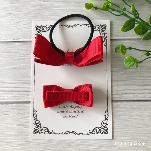 千鳥格子柄リボンの親子お揃いヘアアクセサリーセットB赤☆ヘアゴム