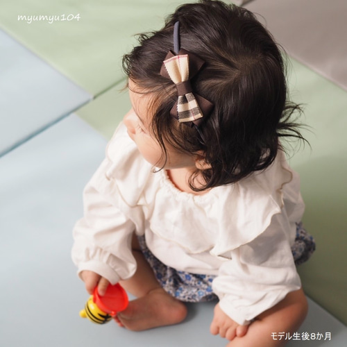 バーバリーチェック風リボンのベビーヘアバンド☆新生児から使え