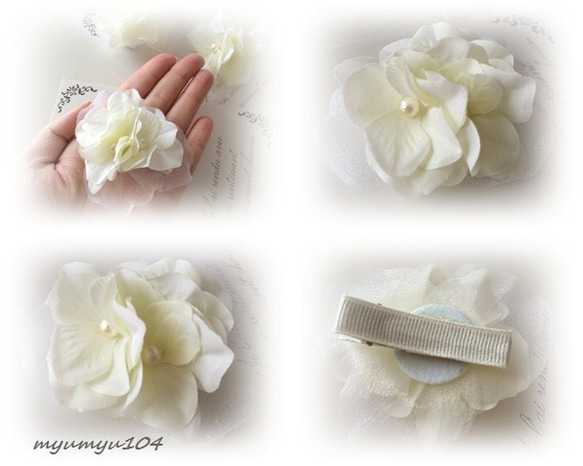 お花のプリンセス♡ホワイトの紫陽花とオーガンジーのヘアクリップ☆ベビーヘアクリップ 4枚目の画像
