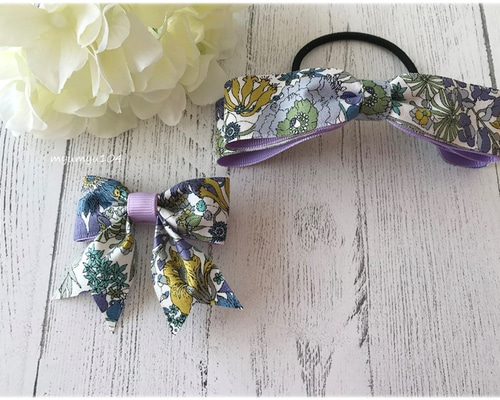 シックな花柄リボンの親子お揃いヘアアクセサリーセットA パープル