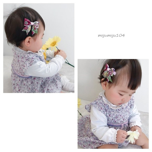 シックな花柄リボンの親子お揃いヘアアクセサリーセットA パープル