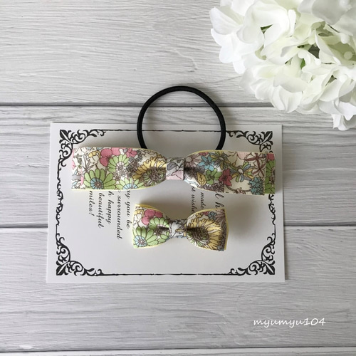 シックな花柄リボンの親子お揃いヘアアクセサリーセットB イエロー  