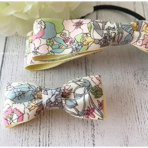 シックな花柄リボンの親子お揃いヘアアクセサリーセットB イエロー  