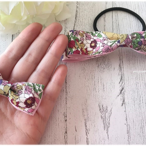 シックな花柄リボンの親子お揃いヘアアクセサリーセットB ピンク  