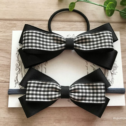 ブルー×水色チェック柄ラインリボンの親子お揃いヘアアクセサリー