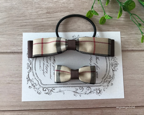 バーバリー チェック柄 ヘアゴム バーバリーチェック風リボンの親子お揃いヘアアクセサリーセットB