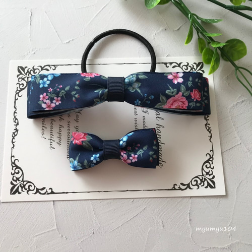 ベビーヘアクリップ⋈ヘアゴム❤︎ネイビー×柄