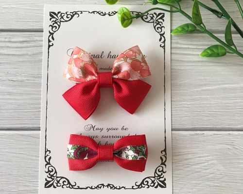 ベビーヘアクリップ　チューリップ柄　チロリアンリボン チューリップと花柄リボンのヘアクリップ2点セット 赤 ／ キッズヘア