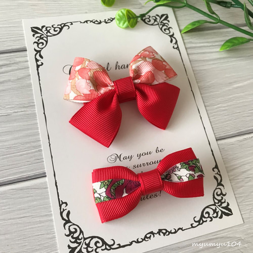 チューリップと花柄リボンのヘアクリップ2点セット 赤 ／ キッズヘア