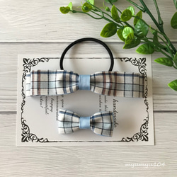 デニム風リボンヘアゴム＆ヘアクリップ　親子おそろい♡ デニム風リボンの親子お揃いヘアアクセサリーセット（ゴムの交換