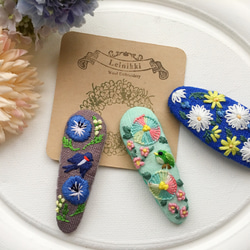 【送料無料】Creema限定　淡いミント色地に桃の花と鶯　刺繍ヘアピン:size 中 3枚目の画像