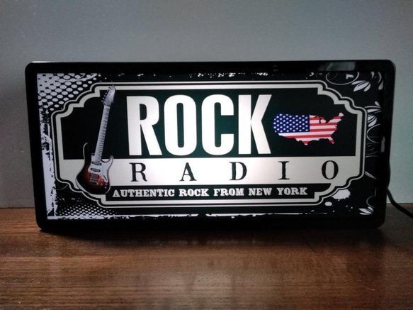 アメリカン ギター ROCK'N'ROLL RADIO ラジオ サイン 看板 置物 雑貨 LED2wayライトBOX 1枚目の画像