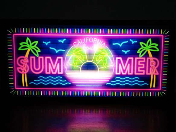 アメリカン カリフォルニア ビーチ サマー ヤシの木 海 南国 夏 サイン 看板 置物 雑貨 LED2wayライトBOX 1枚目の画像