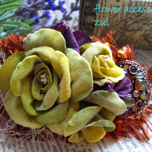 セール】布花 ベルベットローズバレッタ（ビジュー付）（アンティーク  