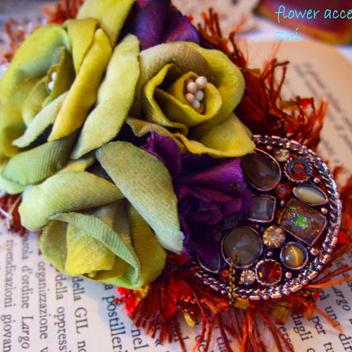 セール】布花 ベルベットローズバレッタ（ビジュー付）（アンティーク  