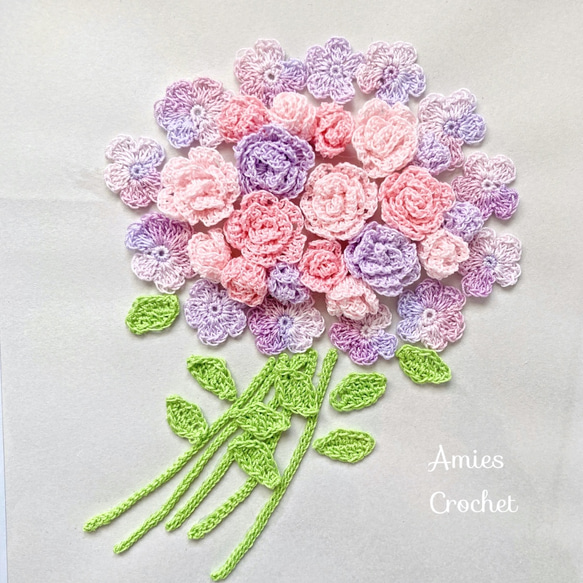 レース糸で編んだ小さなバラの花束　花の額 ミニバラ　ピンクの花　手編み レース編み　Boxフレーム 2枚目の画像