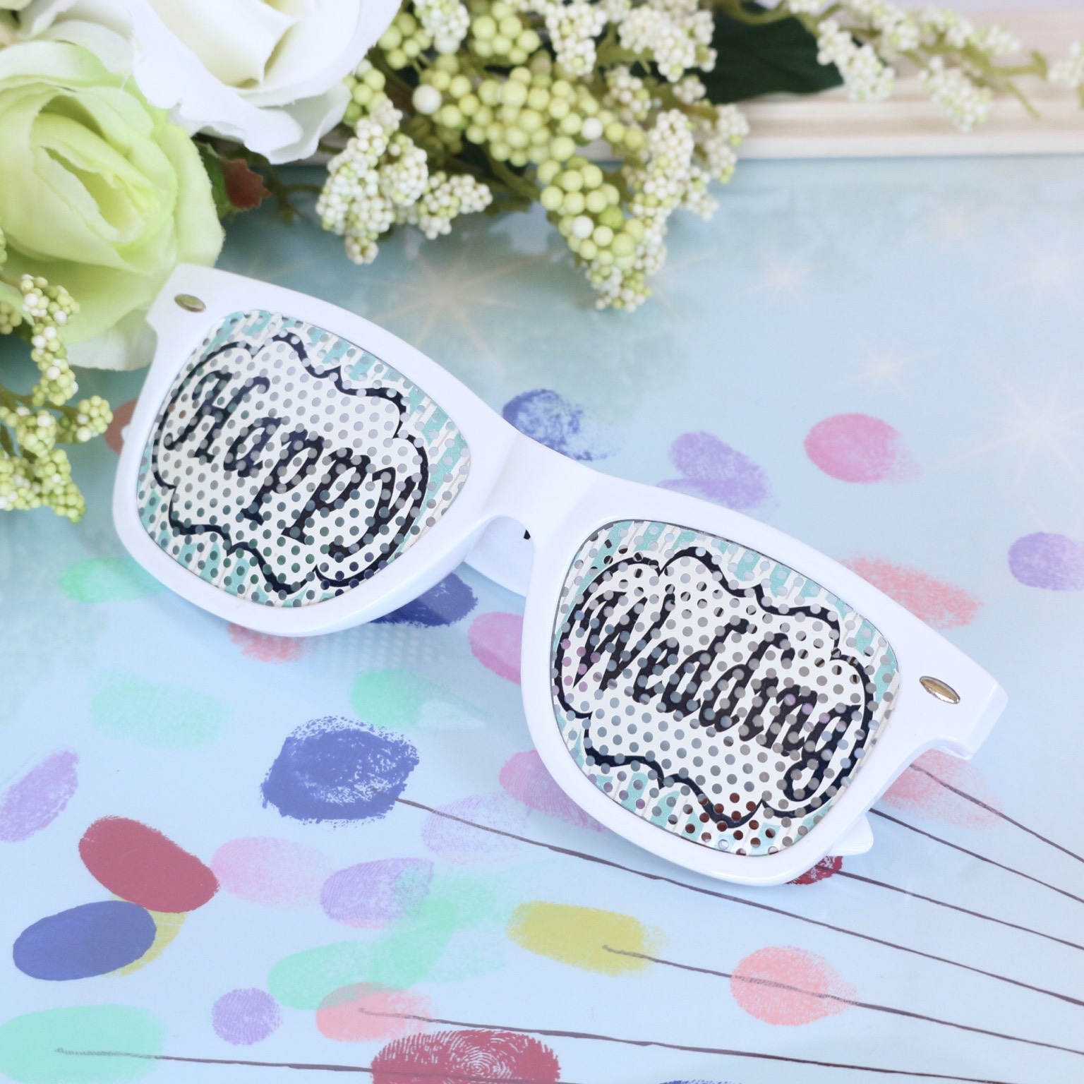 HAPPY WEDDING ウェディングサングラス ストライプ柄 シアン
