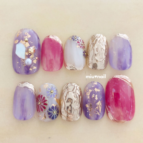 カラー変更、サイズ指定無料】ネイルチップフラワー和装