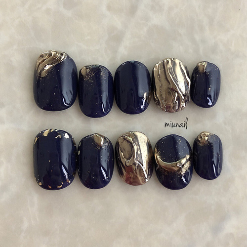 230］ネイルチップ/ネイビーネイル/ネイビー×ゴールド/成人式