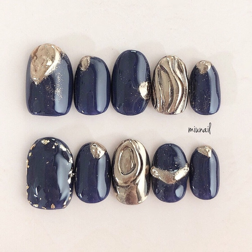 165 〗ネイルチップ ネイビー フレンチガーリー バタフライ 韓国  