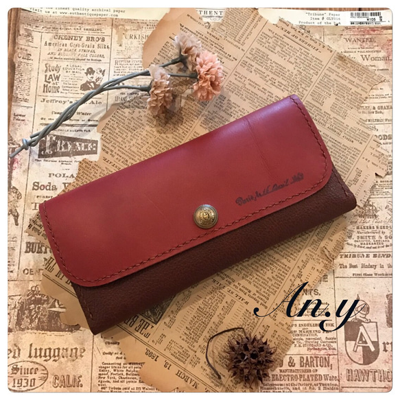 レザー二色使い長財布 ワインレッド×ブラウン その他ミニ財布