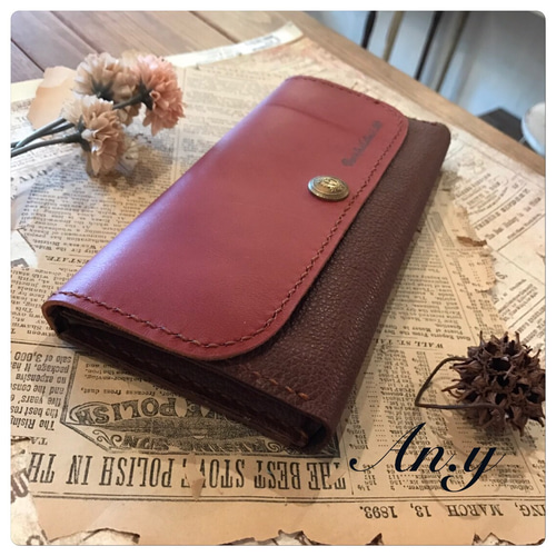 レザー二色使い長財布 ワインレッド×ブラウン その他ミニ財布