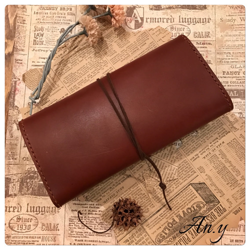 y様オーダー品】栃木レザー長財布ブラウン真鍮コンチョ紐巻き 長財布