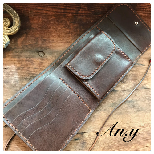 栃木レザー二つ折りウォレット＊オイルバケッタDark Choco×コンチョ紐