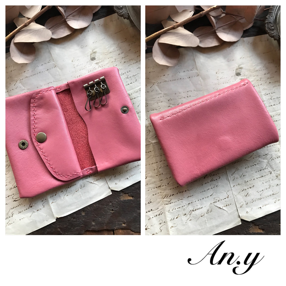 ♡Happy Price Sale♡栃木レザーフカフカキーケース&コインケースAntiquePink 3枚目の画像