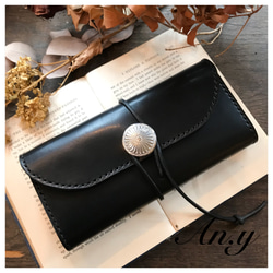 M様オーダー品】栃木レザーコンチョ長財布紐巻きBlack 長財布 An