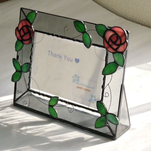 ステンドグラス フォトフレーム＊ピンクのつる薔薇の写真たて＊ フォト