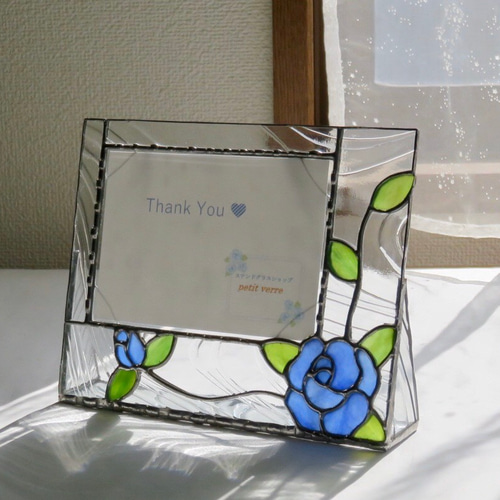 ステンドグラス ＊青い薔薇のフォトフレーム＊横向き フォト