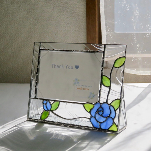 ステンドグラス ＊青い薔薇のフォトフレーム＊横向き フォトフレーム