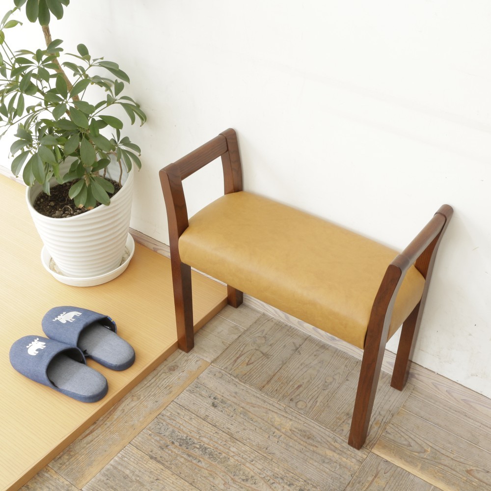 玄関スツール ダブルアーム（BR×合成皮革キャメル Ba-01）