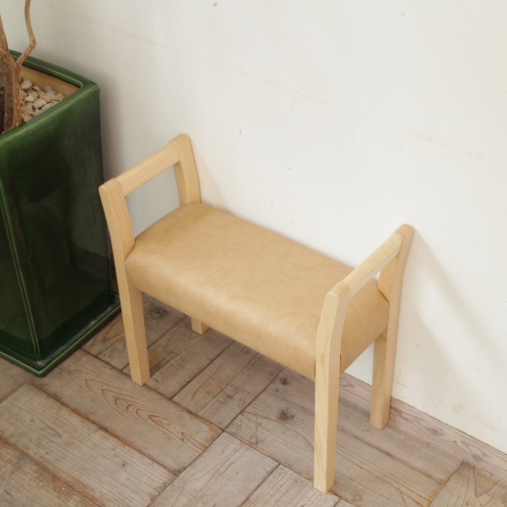 玄関スツール ダブルアーム  (ナチュラル×合成皮革ベージュ Ba-03)