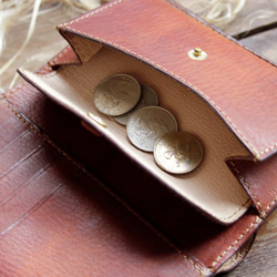 受注制作品 M.wallet　斑紋手染めブラウン＆手揉み加工、ハンドメイド ブラスボタン 5枚目の画像