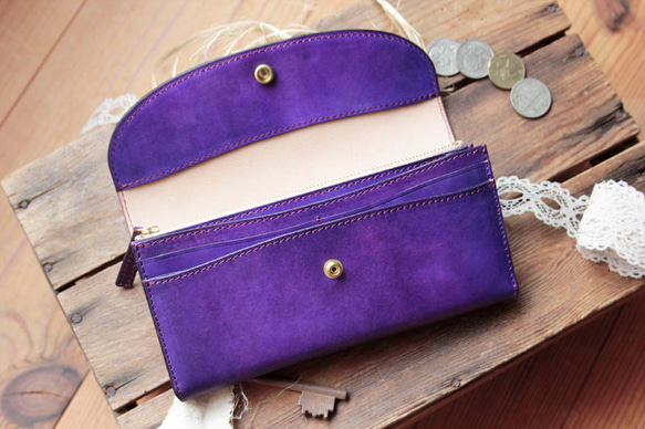 訂製商品 B 長皮夾 比利時鞣革 / 手工染色紫色 第2張的照片