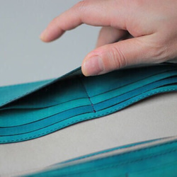 受注制作品　ロングウォレット　ベルギーヌメ革手染めブルー／ショルダーストラップ付き 4枚目の画像